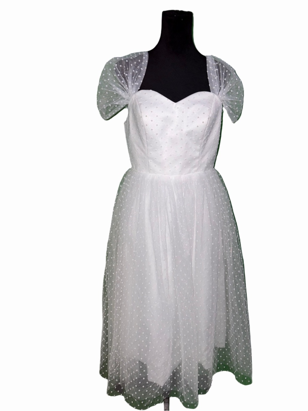🆕💜 White Polka Dot Tulle Midi Dress Puff Sleeve Sweetheart Vintage Coquette